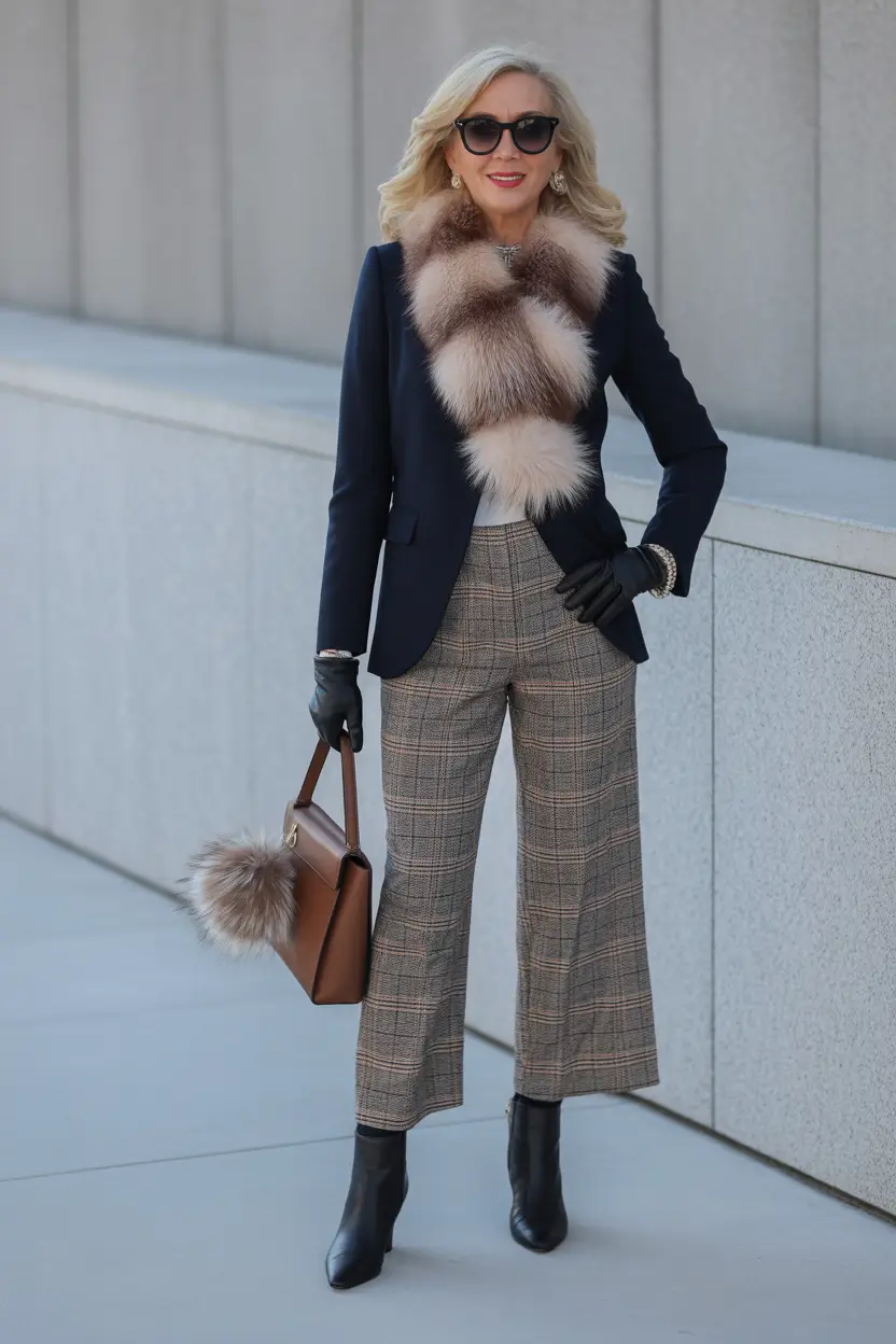 Outfits for Women Over 50 Winter 2025 2026 Elegant Plaid and Luxe Fur