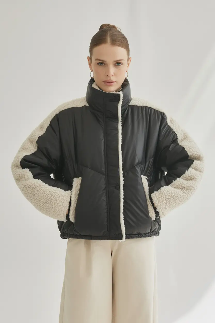 Stylish Classy Winter Outfit Ideas 2025–2026 Contrast Shearling Bomber