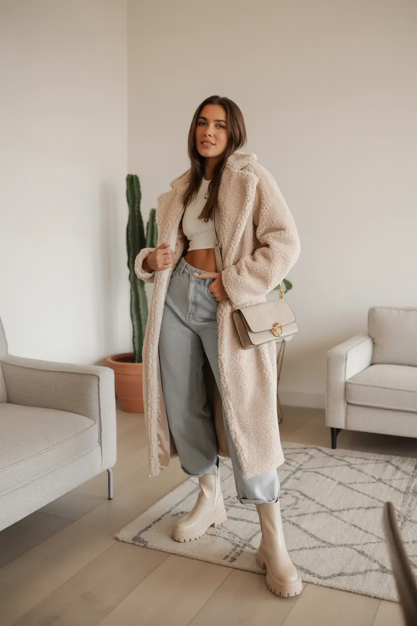 Stylish Classy Winter Outfit Ideas 2025–2026 Teddy Coat with Off-Duty Ease