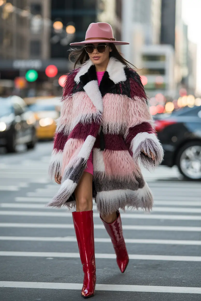 Stylish Classy Winter Outfit Ideas 2025–2026 Playful Color-Block Fur