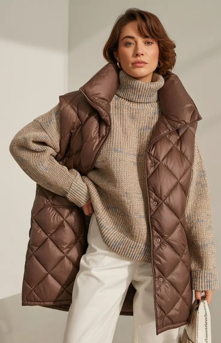 Stylish Classy Winter Outfit Ideas 2025–2026 Quilted Vest with Cozy Layers