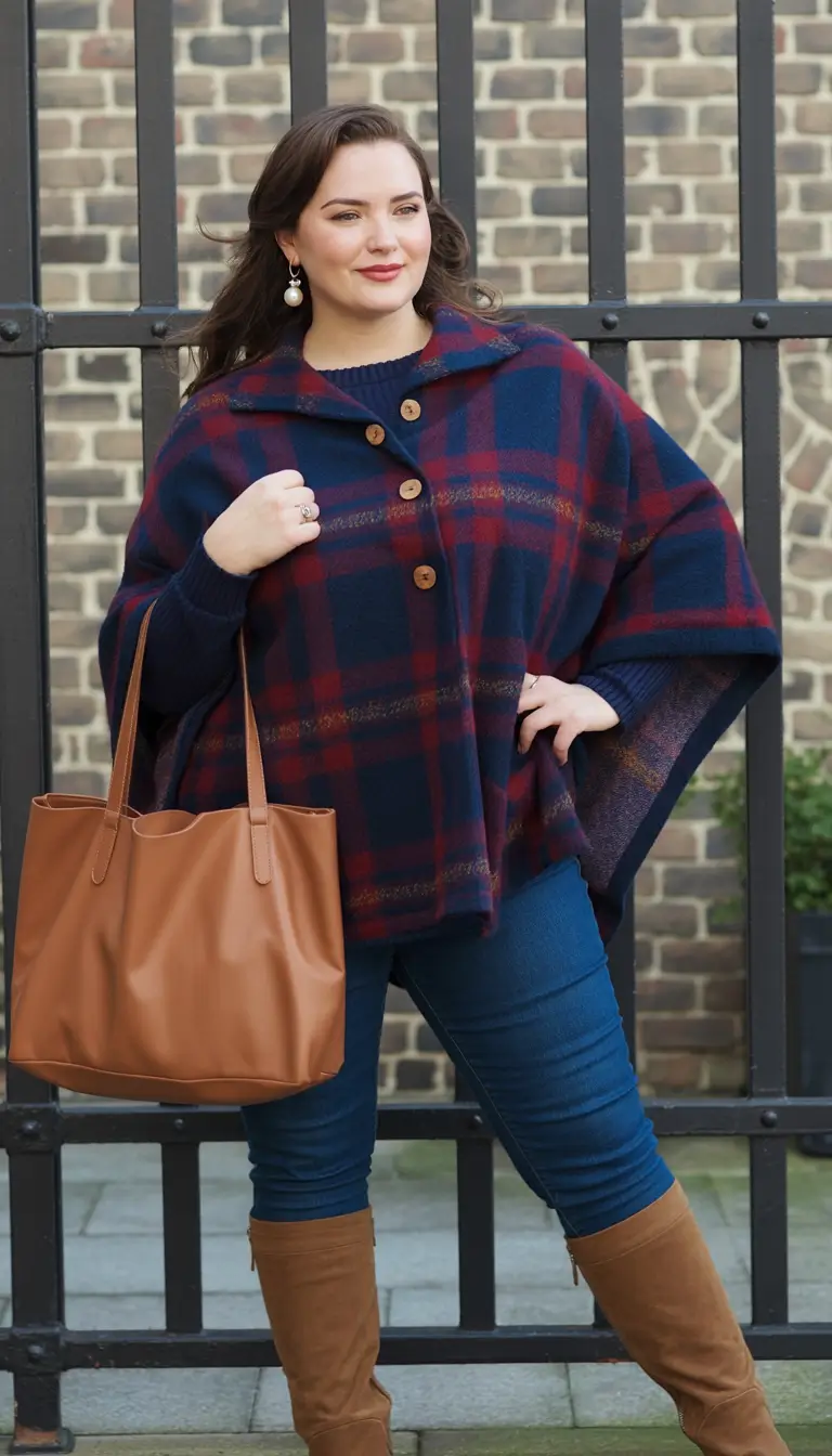 Stylish Plus Size Outfits Winter 2025–2026 Cozy Plaid Poncho