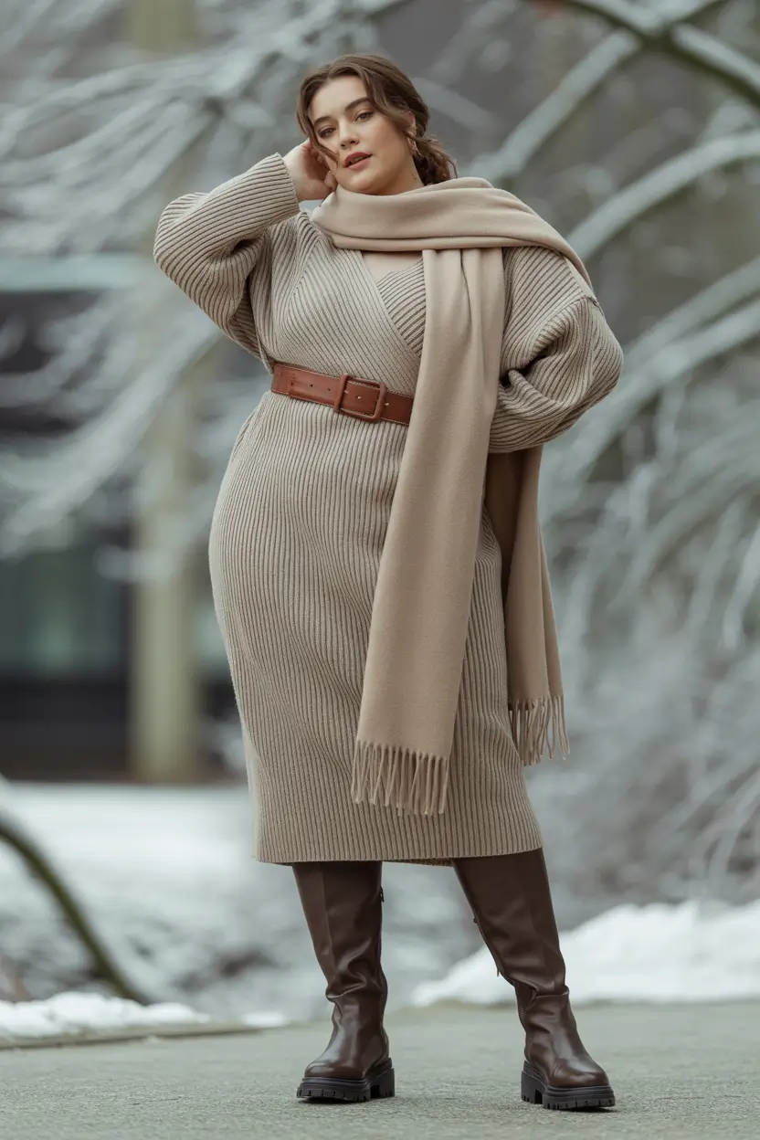 Stylish Plus Size Outfits Winter 2025–2026 Belted Knit Sophistication