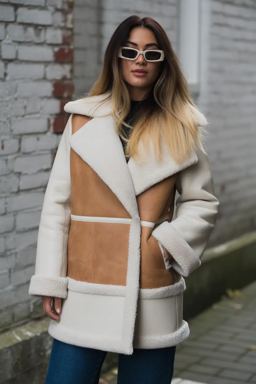 Stylish Winter Outfit Inspo 2025–2026 Color-Blocked Shearling Coat