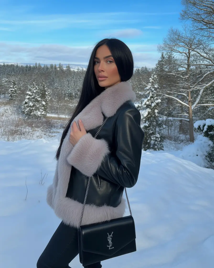 Stylish Winter Outfit Inspo 2025–2026 Leather and Soft Fur Contrast