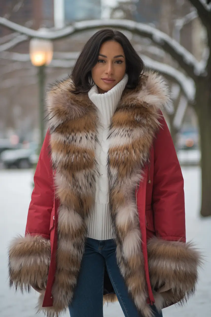 Stylish Winter Outfit Inspo 2025–2026 Red Parka with Dramatic Fur Accents