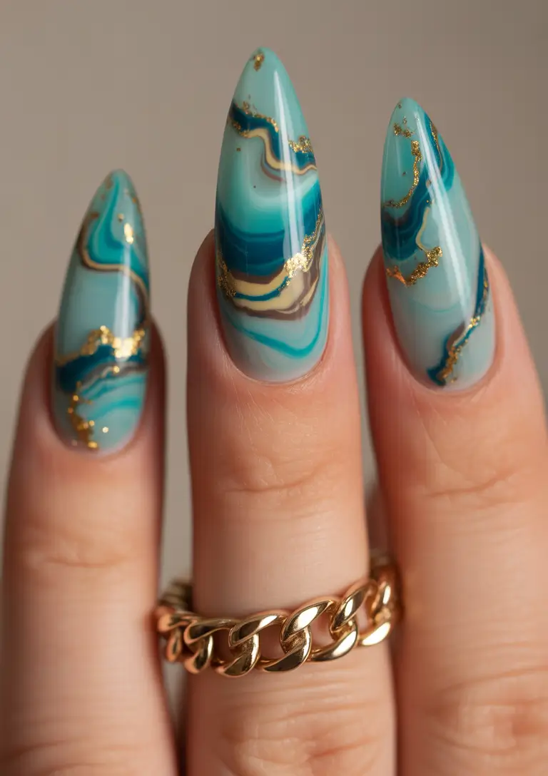 Trendy Fall & Winter Nail Colors 2025–2026 Ocean Marble Elegance