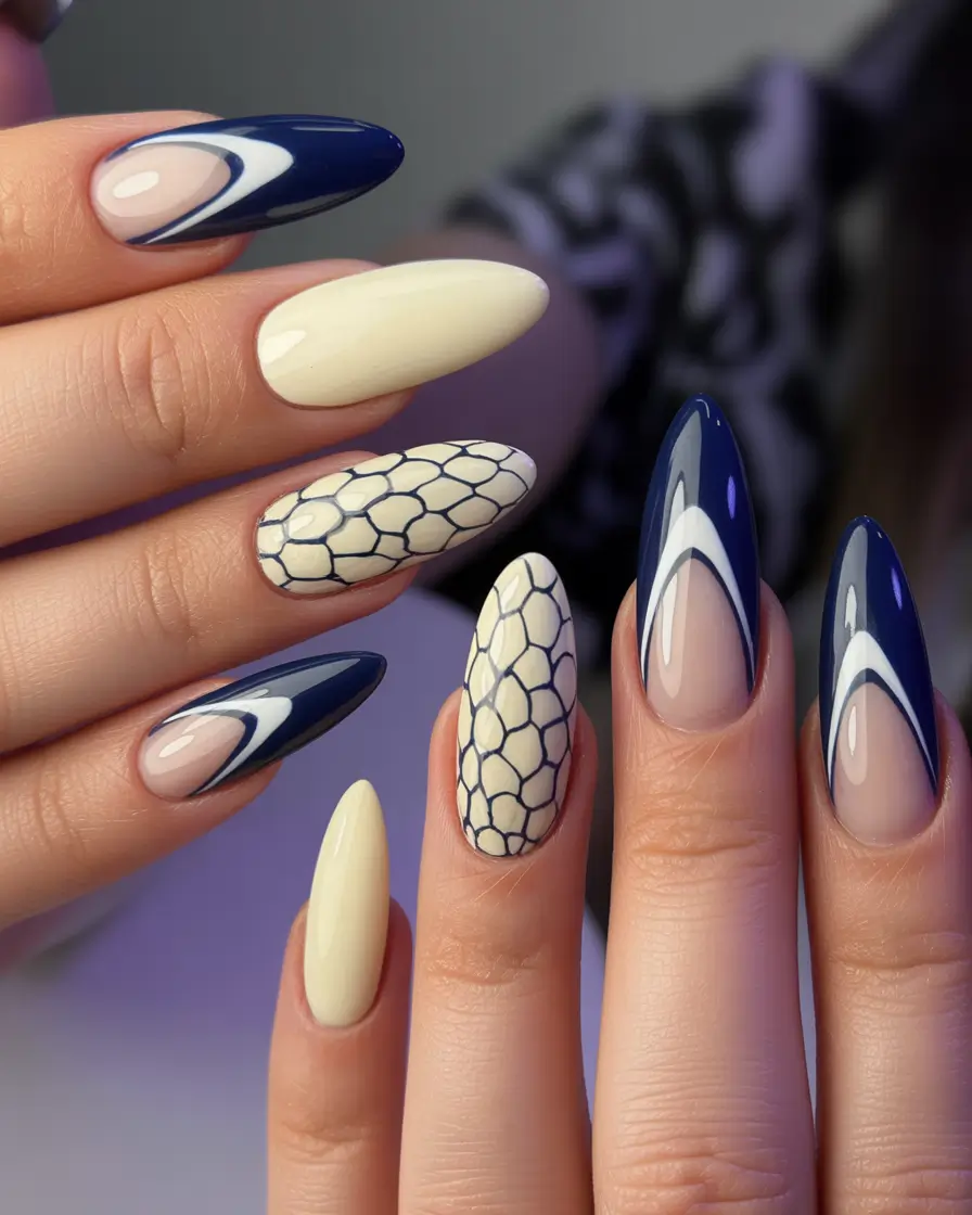 Trendy Fall & Winter Nail Colors 2025–2026 Navy & Cream Geometry