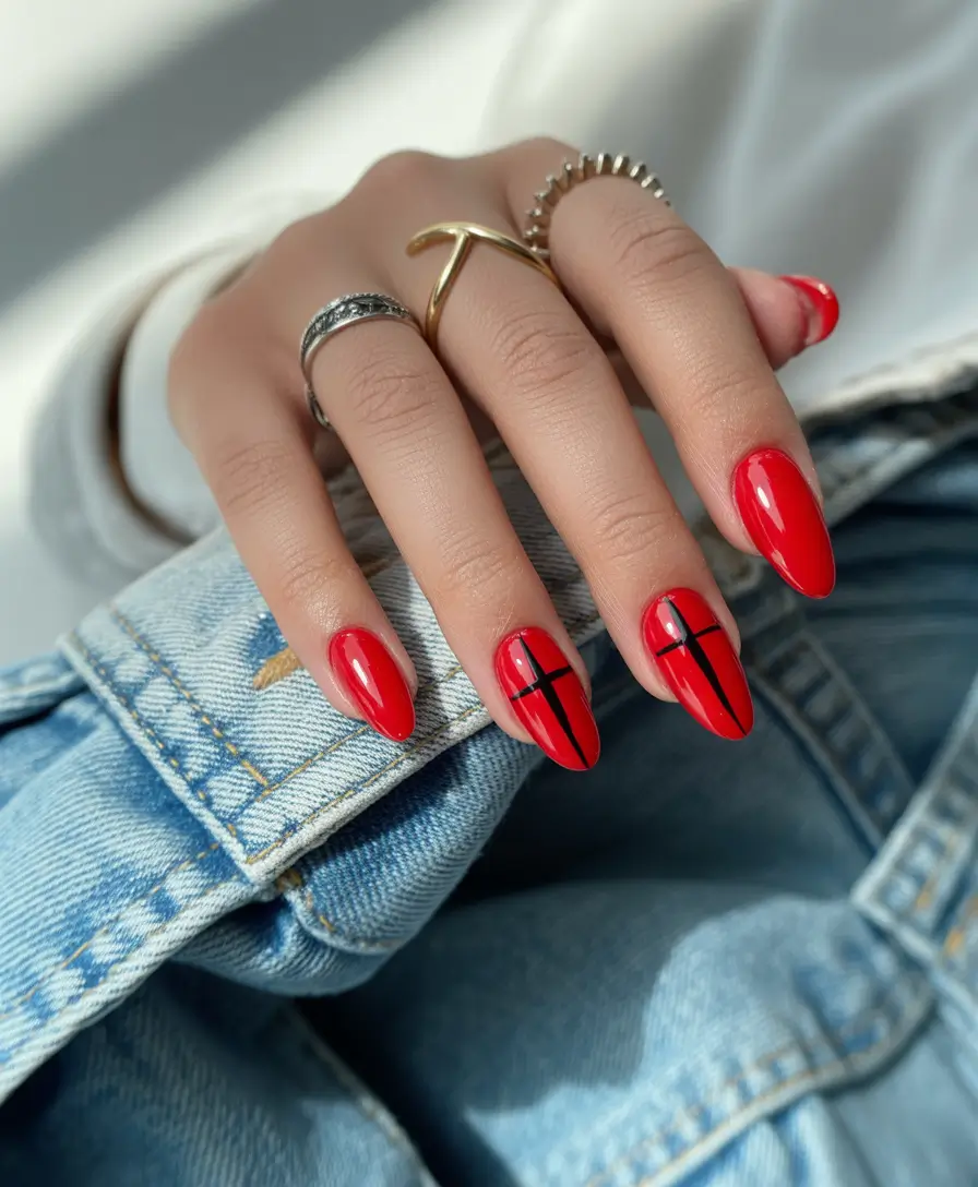 Trendy Fall & Winter Nail Colors 2025–2026 Minimal Red with Graphic Lines