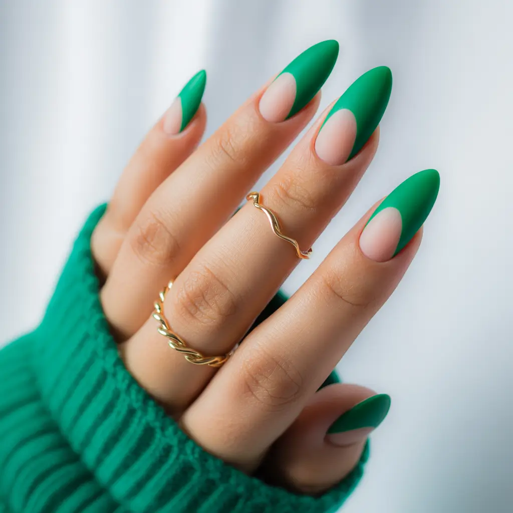 Trendy Fall & Winter Nail Colors 2025–2026 Matte Emerald Half-Moon