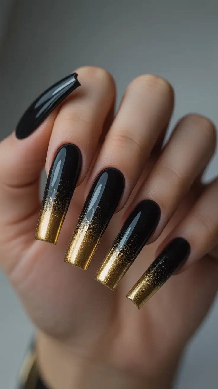 Trendy Fall & Winter Nail Colors 2025–2026 Black & Gold Fade
