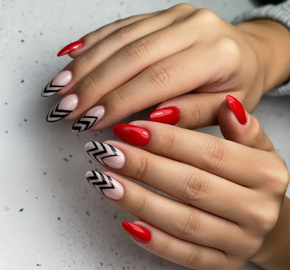 Trendy Fall & Winter Nail Colors 2025–2026 Chevron Red Accent