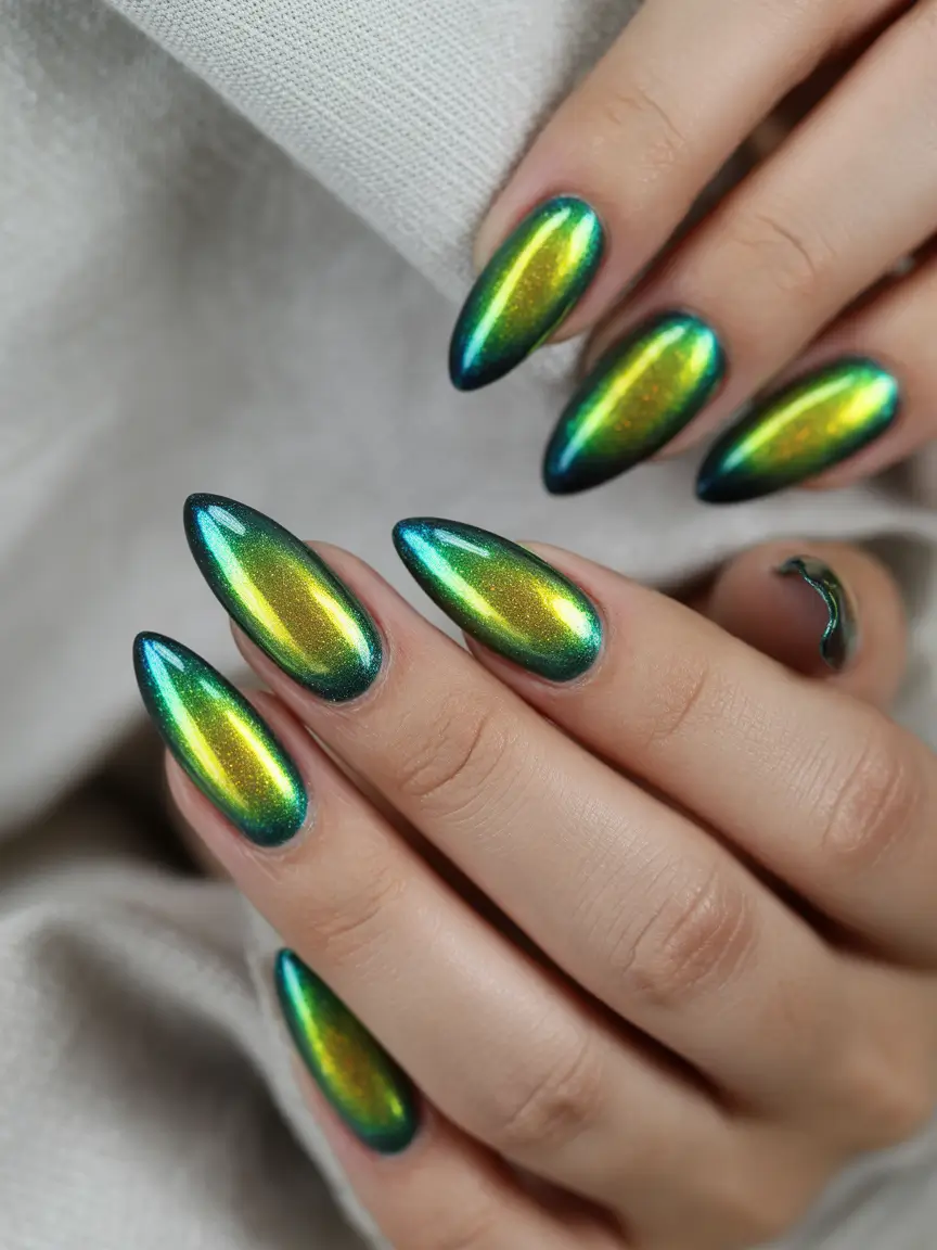 Trendy Fall & Winter Nail Colors 2025–2026 Iridescent Beetle Shine