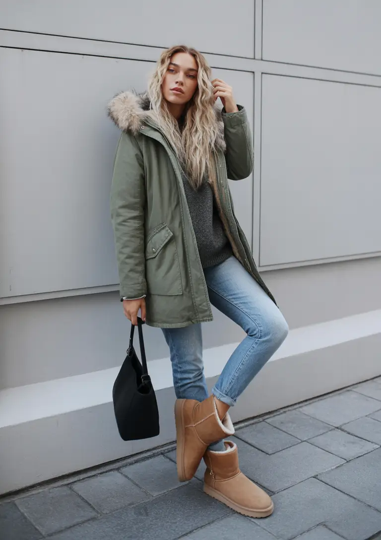 Trendy Uggs Outfit for Winter 2025-2026 Military Green Meets Shearling Classics