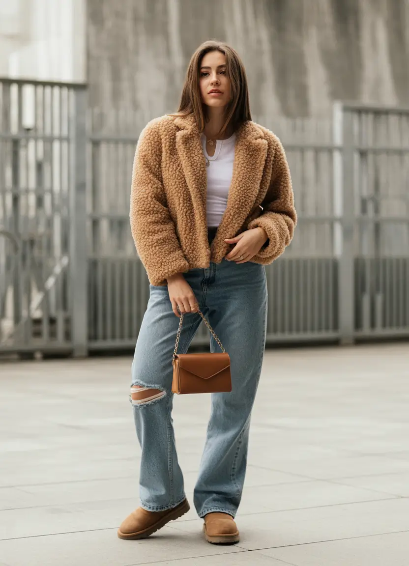 Trendy Uggs Outfit for Winter 2025-2026 Teddy Jacket with Ripped Denim