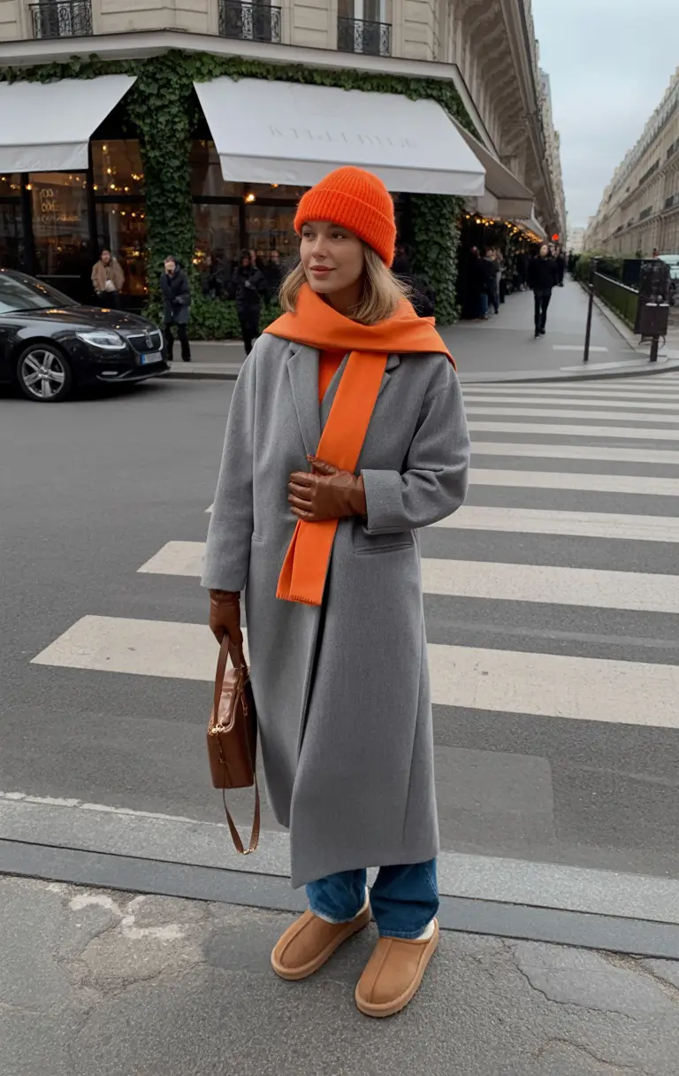 Trendy Uggs Outfit for winter 2025-2026 Parisian layers with a splash of bold orange