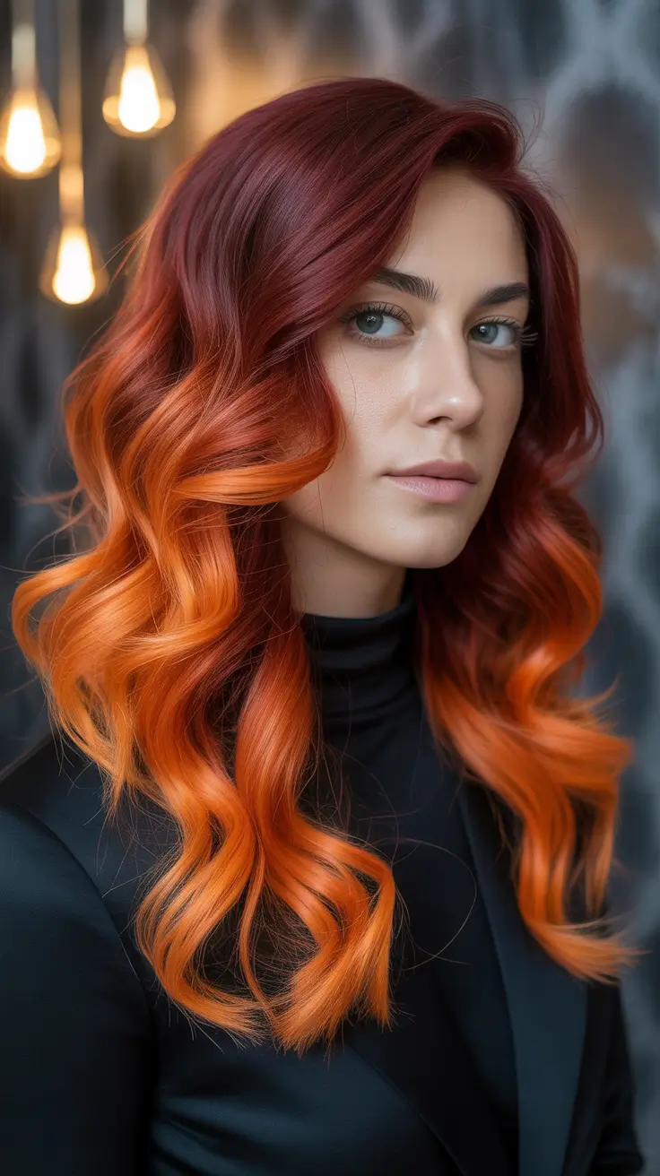 Trendy Winter Auburn Hair Colors 2025 2026 Fiery Red-Orange Ombre