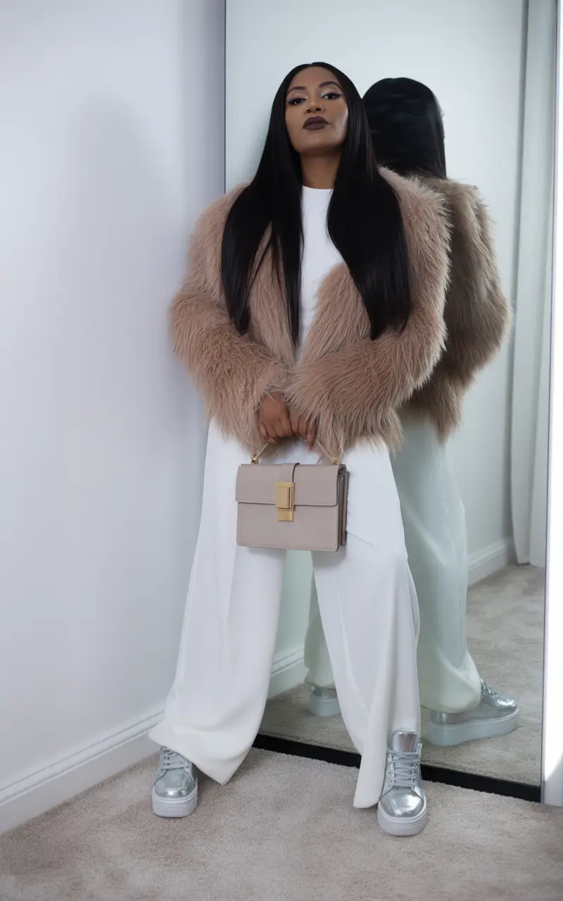 Trendy Black Girl Outfit Ideas Winter 2025 2026 Faux Fur and Metallic Sneakers