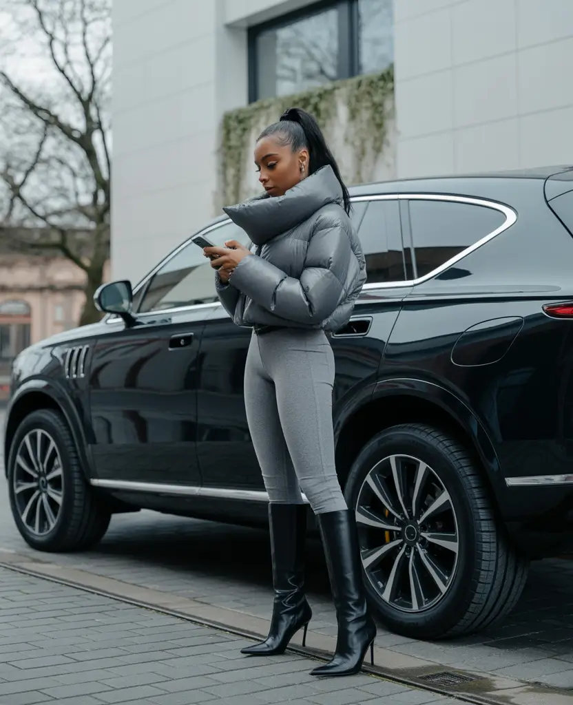 Trendy Black Girl Outfit Ideas Winter 2025 2026 Grey Puffer Chic