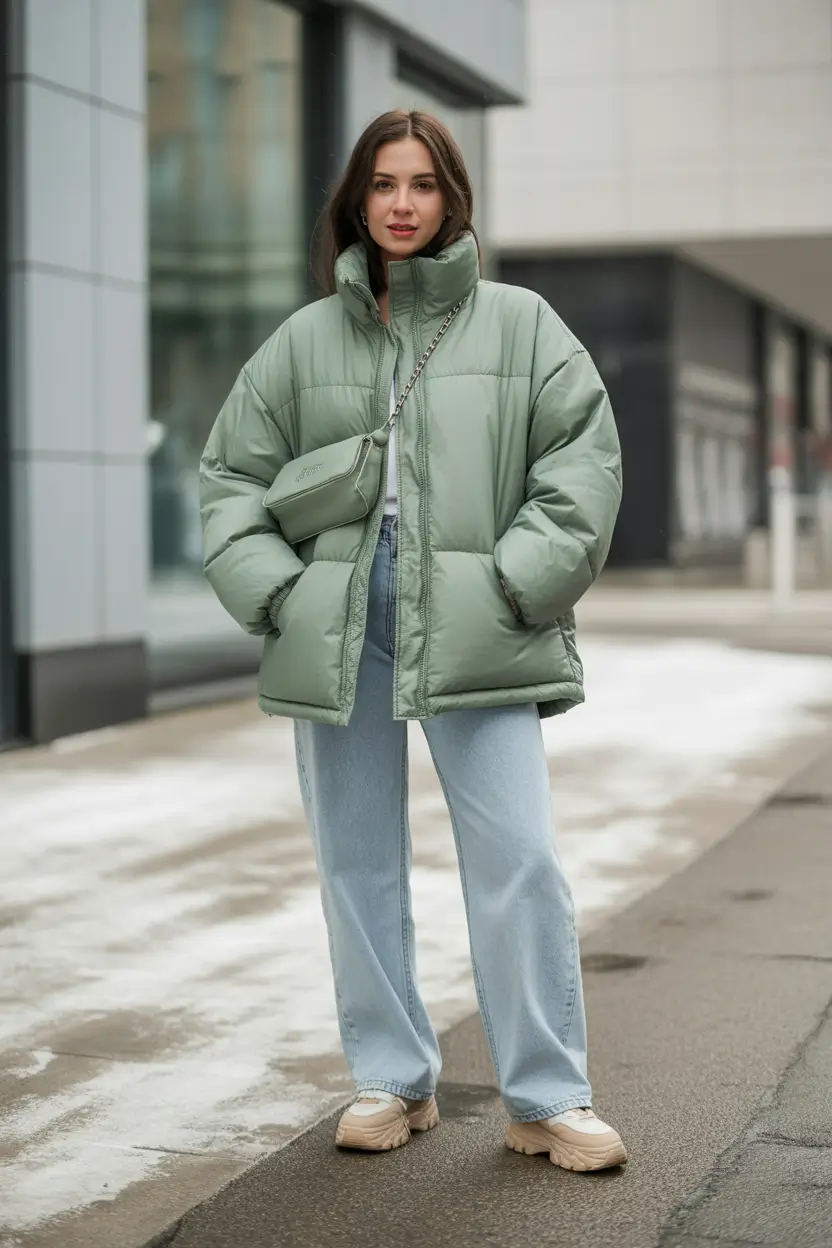 Winter 2025 Trendy Outfit Inspiration Green Puffer Freshness