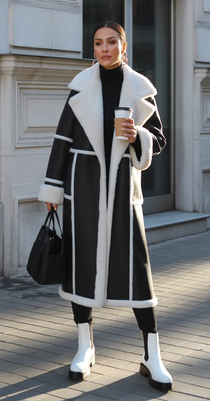 Winter 2025 Trendy Outfit Inspiration Monochrome Shearling Drama