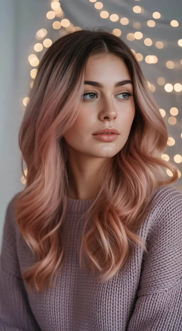 Winter 2025–2026 Hair Colors Ideas for Brunette Romantic Blush Balayage