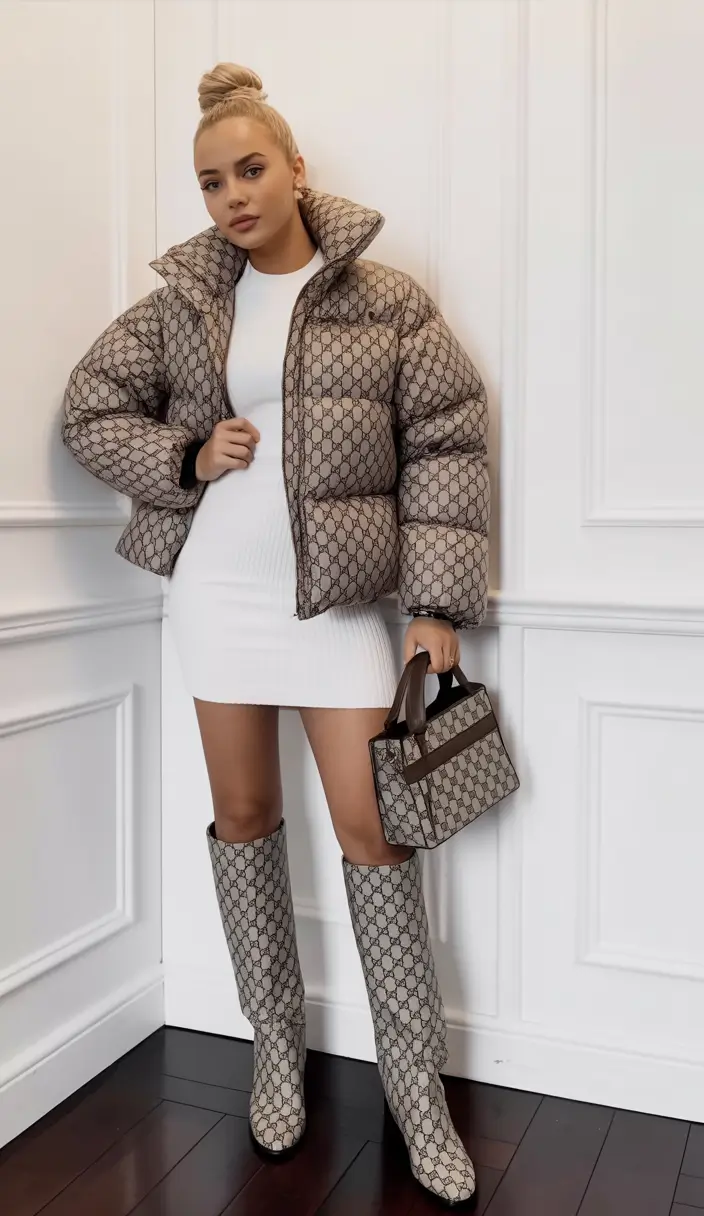Winter 2025 2026 Outfits Inspiration for Women Monogrammed Puffer Chic