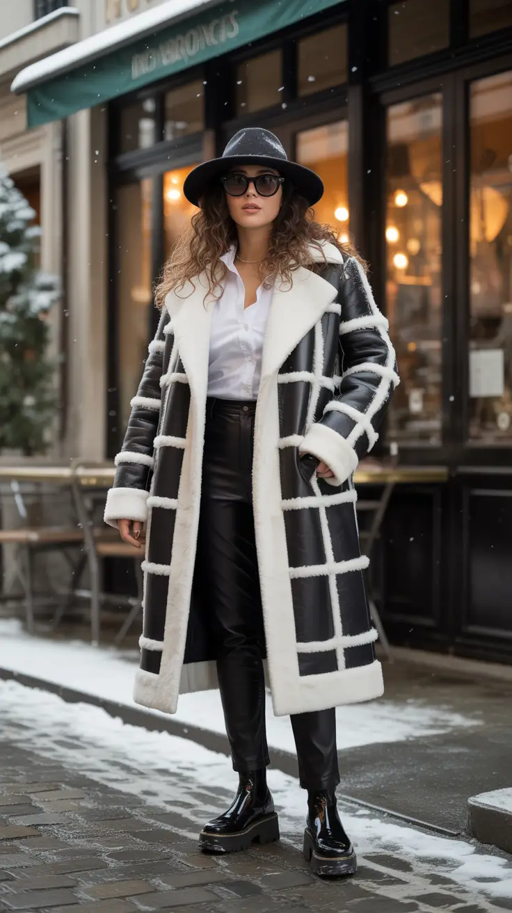 Winter Curvy Outfit Ideas 2025-2026 Monochrome Drama in Leather and Shearling
