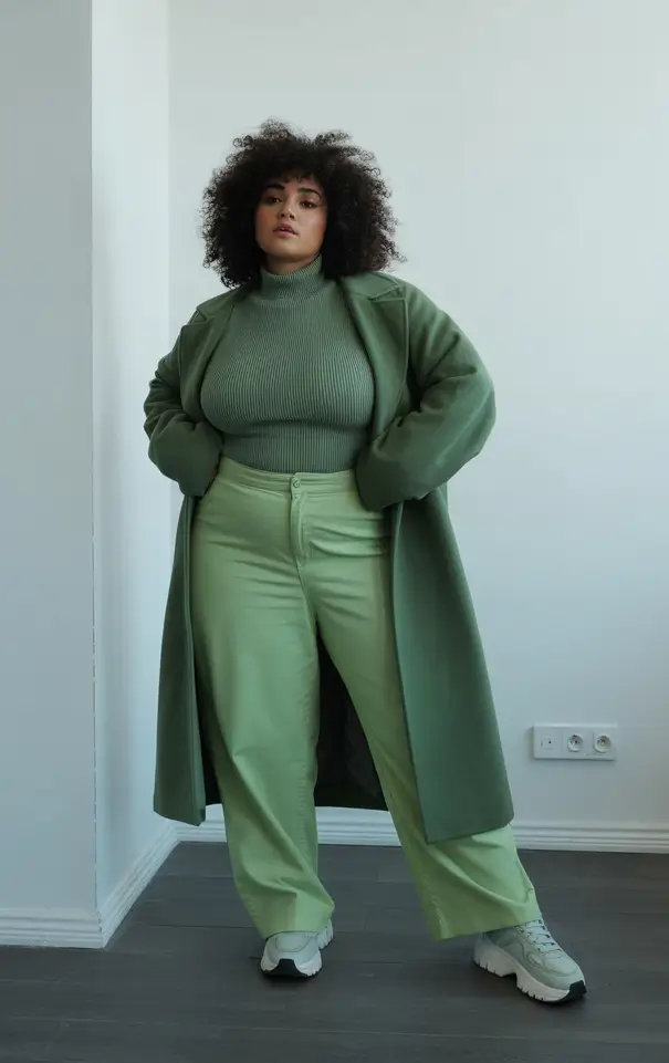 Winter Curvy Outfit Ideas 2025-2026 Green Monochrome Power