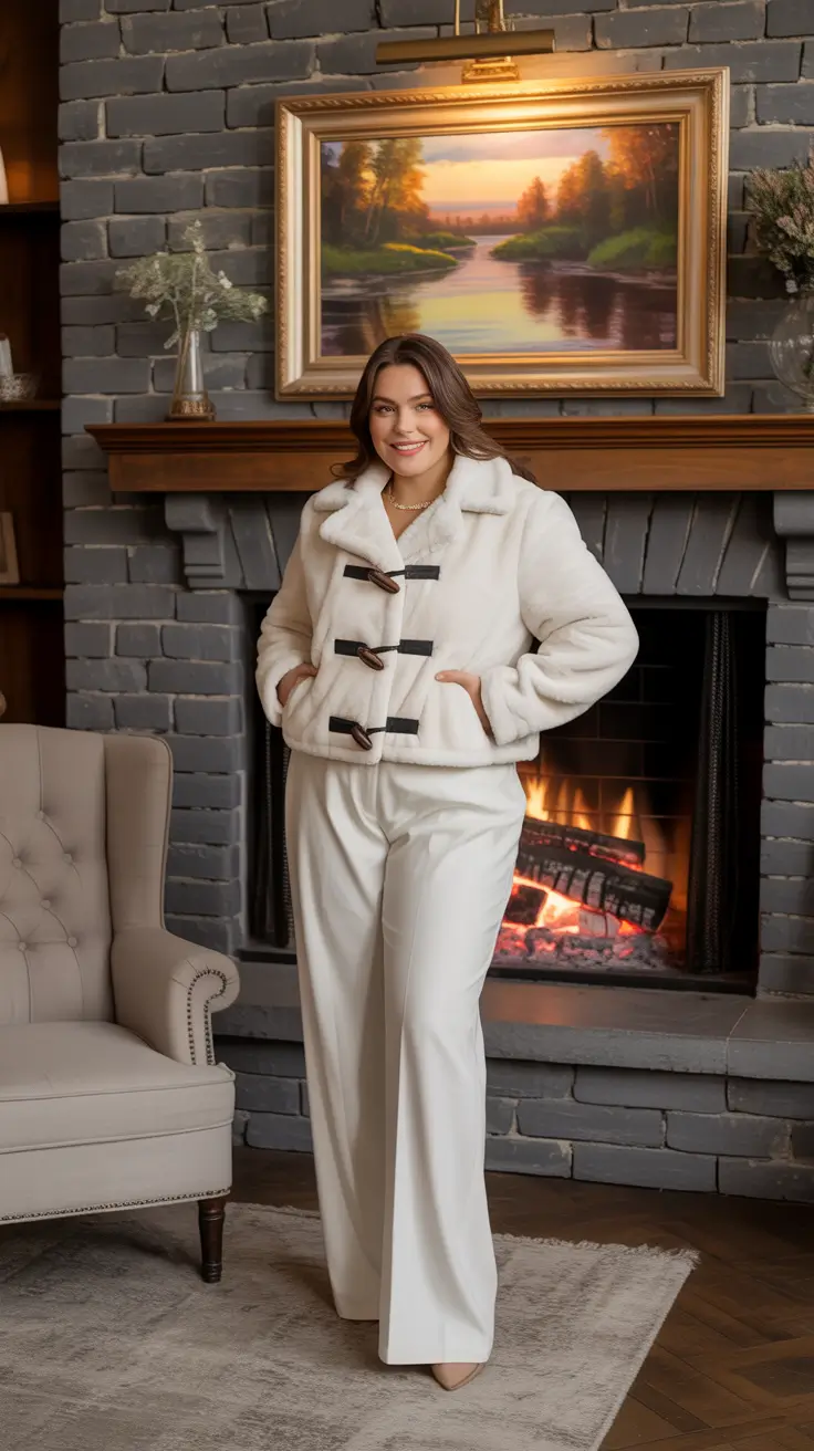 Winter Curvy Outfit Ideas 2025-2026 Chic Neutrals by the Fireplace