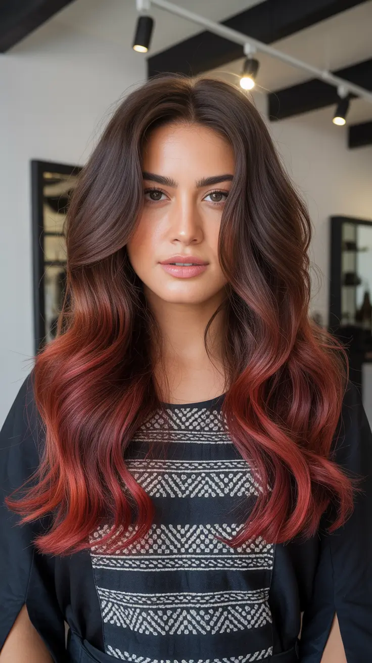 Winter Hair Colors 2025–2026 Dark Chocolate Crimson Ombre