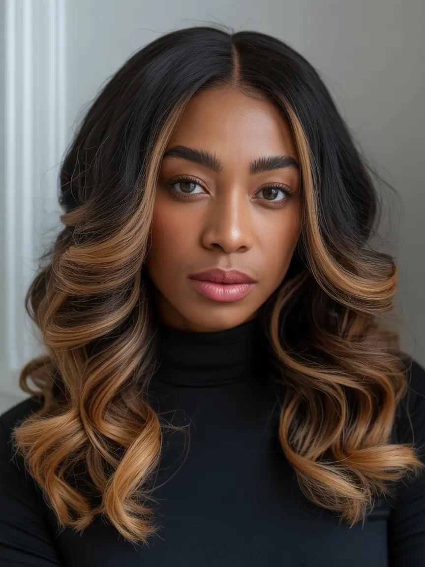 Winter hair colors for black women ideas 2025 2026 Soft Caramel Shoulder-Length Waves