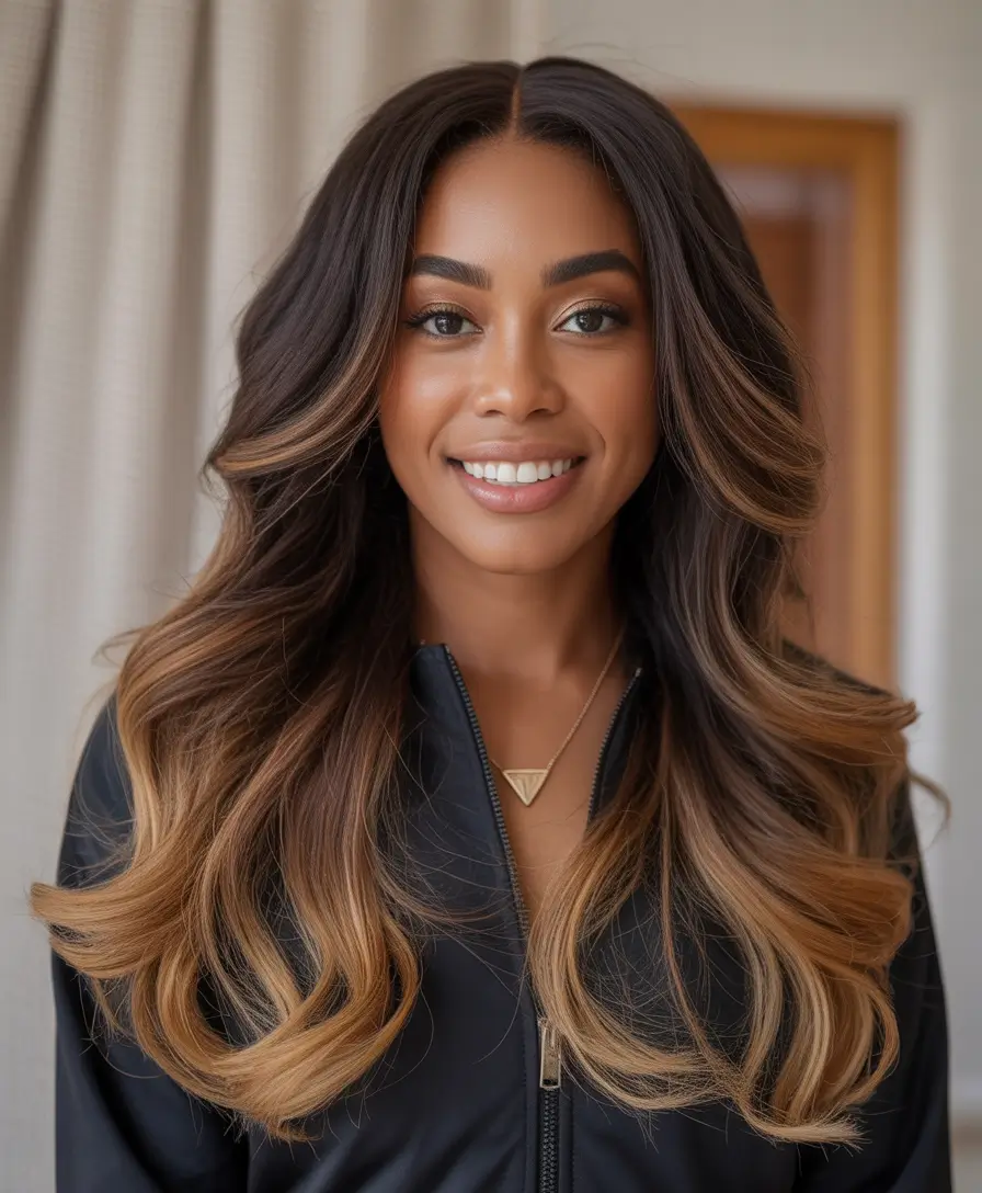 Winter hair colors for black women ideas 2025 2026 Golden Balayage Flow