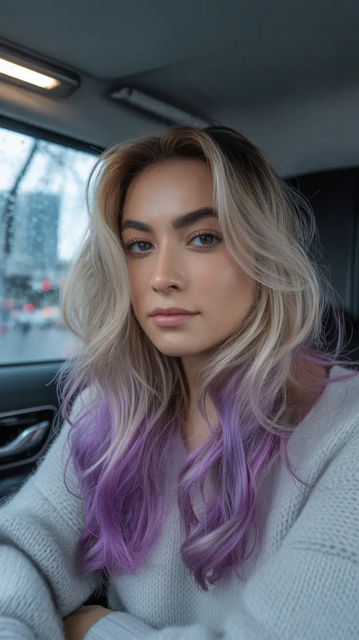 winter hair colors for blondes ideas 2025 2026 Blonde with Purple Peekaboo Ends
