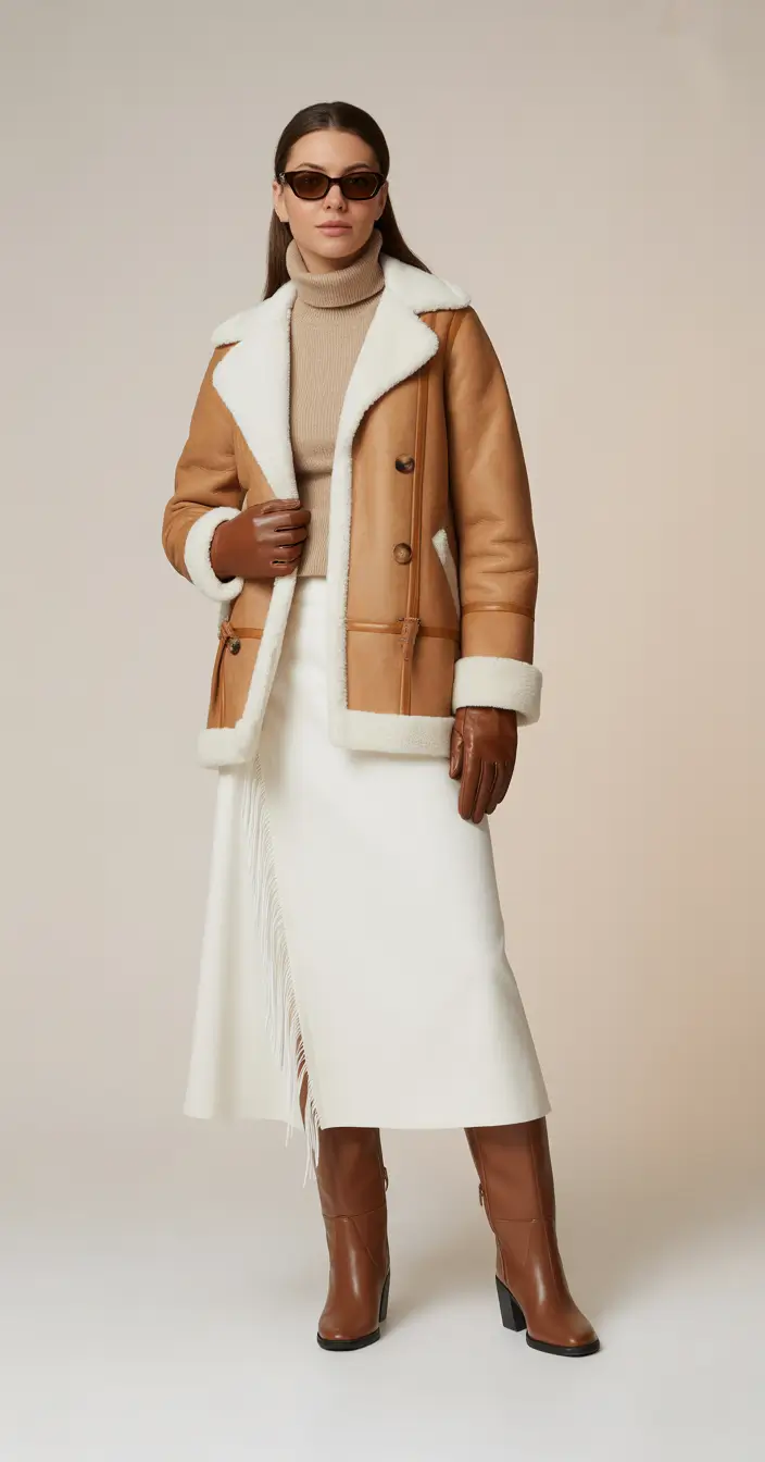 Winter Outfits Over 40 Style Guide 2025 2026 - Shearling Elegance with Midi Skirt