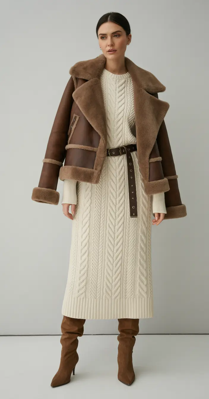 Winter Outfits Over 40 Style Guide 2025 2026 - Knit Sophistication with Shearling Jacket