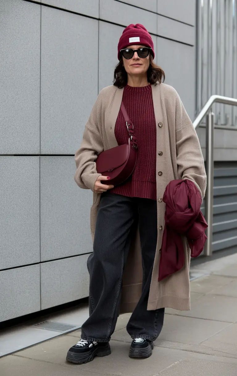 Winter Outfits Over 40 Style Guide 2025 2026 - Burgundy Layers with Long Cardigan