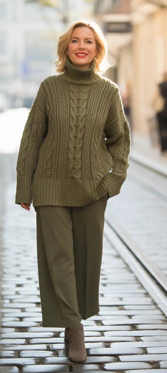 Winter Outfits Over 40 Style Guide 2025 2026 - Olive Cable-Knit Confidence