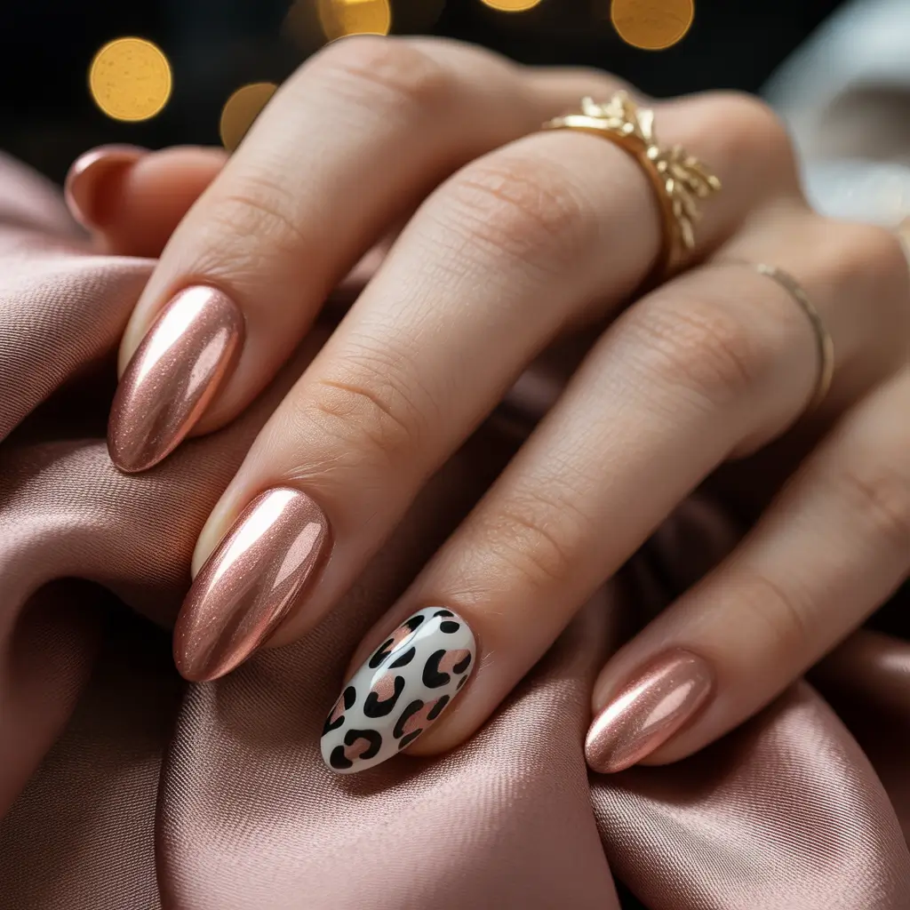 Almond Nail Trends Winter 2025–2026 Rose Gold Elegance with Leopard Accent
