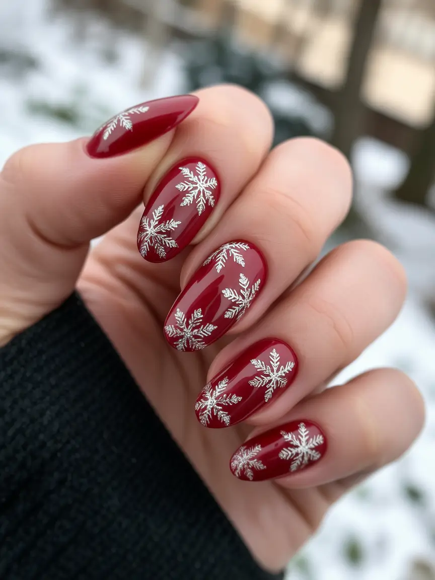 Almond Nail Trends Winter 2025–2026 Snowflake Red Charm