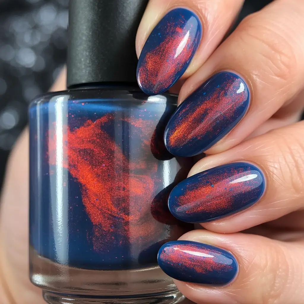 Almond Nail Trends Winter 2025–2026 Galactic Blue and Copper Glow