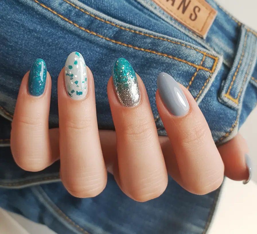 Almond Nail Trends Winter 2025–2026 Teal Silver Frost