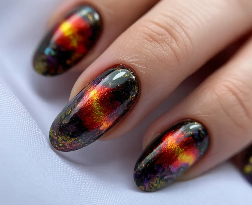 Almond Nail Trends Winter 2025–2026 Fiery Aurora Chrome