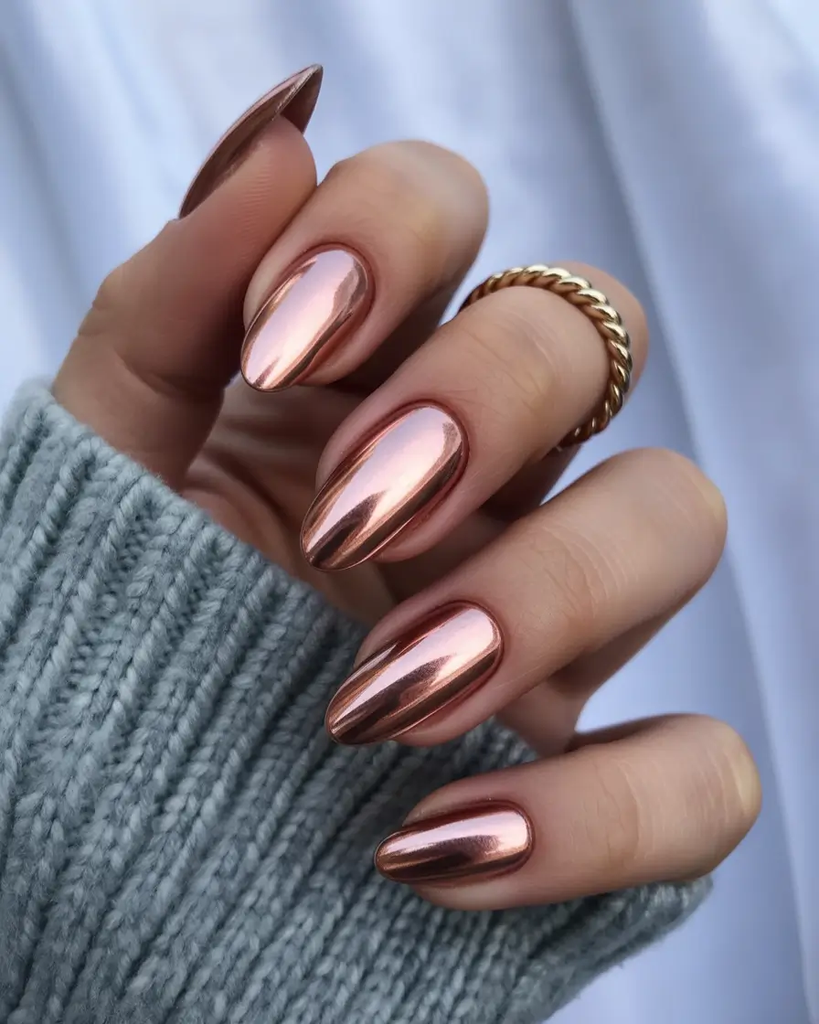 Almond Nail Trends Winter 2025–2026 Rose Gold Mirror Chrome