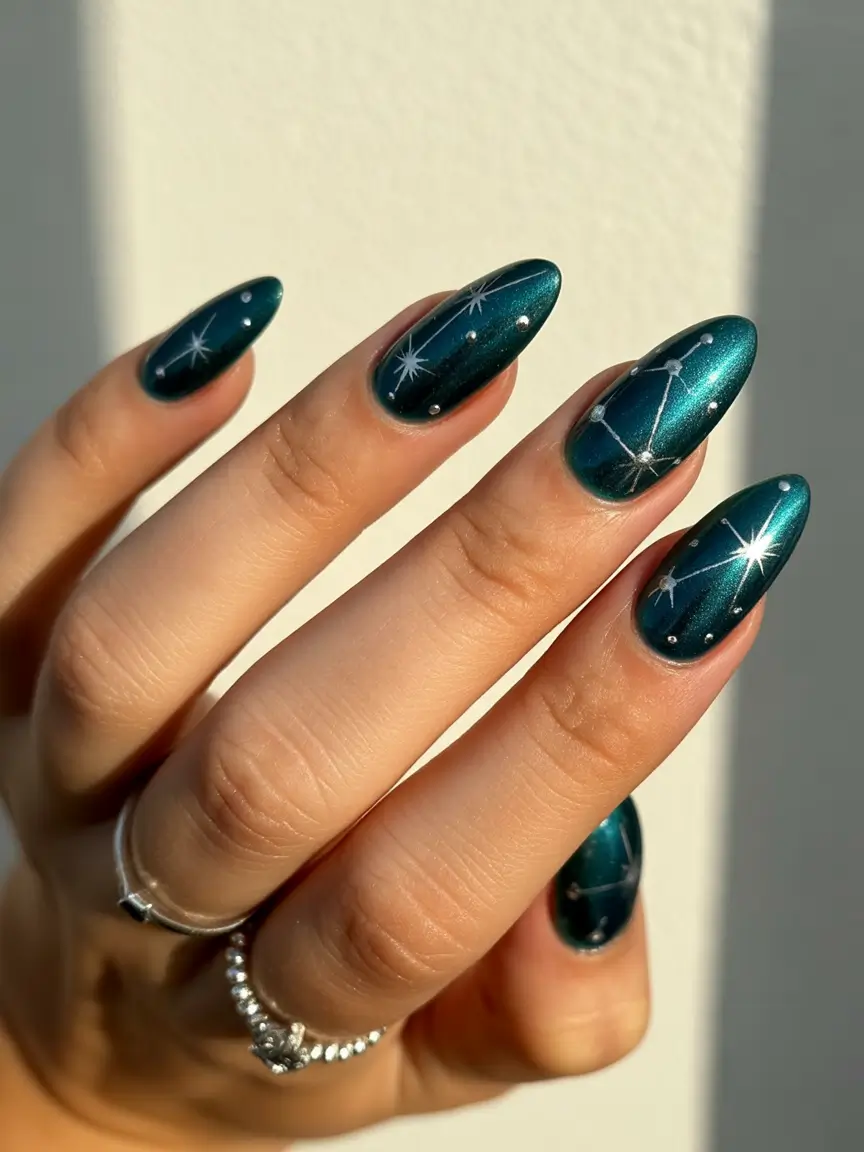 Almond Nail Trends Winter 2025–2026 Celestial Constellation Nails