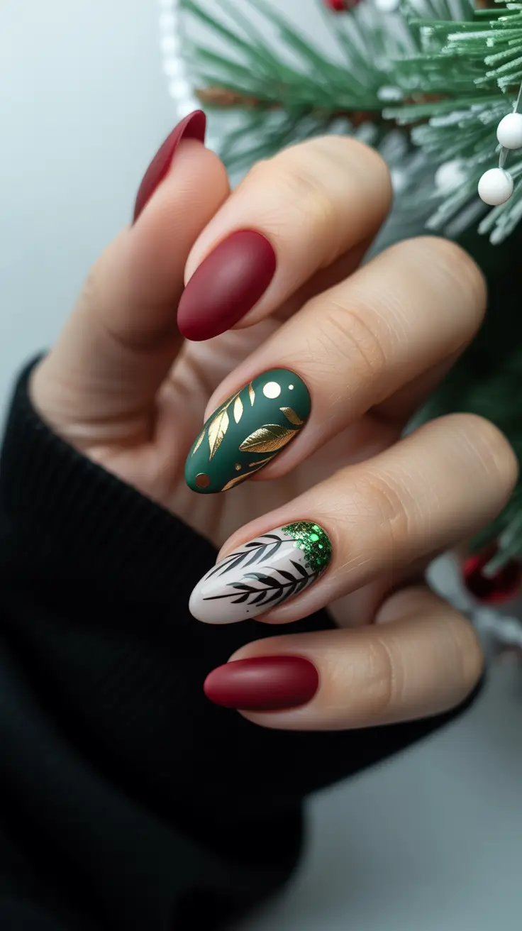 Almond Nail Trends Winter 2025–2026 Festive Forest Mix