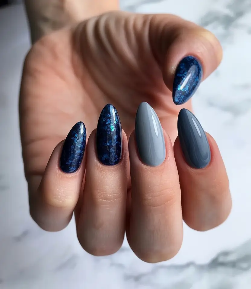 Almond Nail Trends Winter 2025–2026 Arctic Gray and Navy Blend