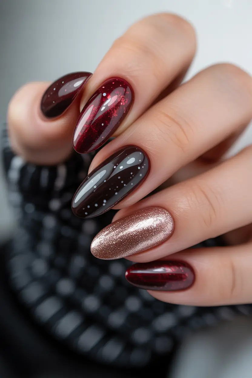 Almond Nail Trends Winter 2025–2026 Merlot and Champagne Sparkle