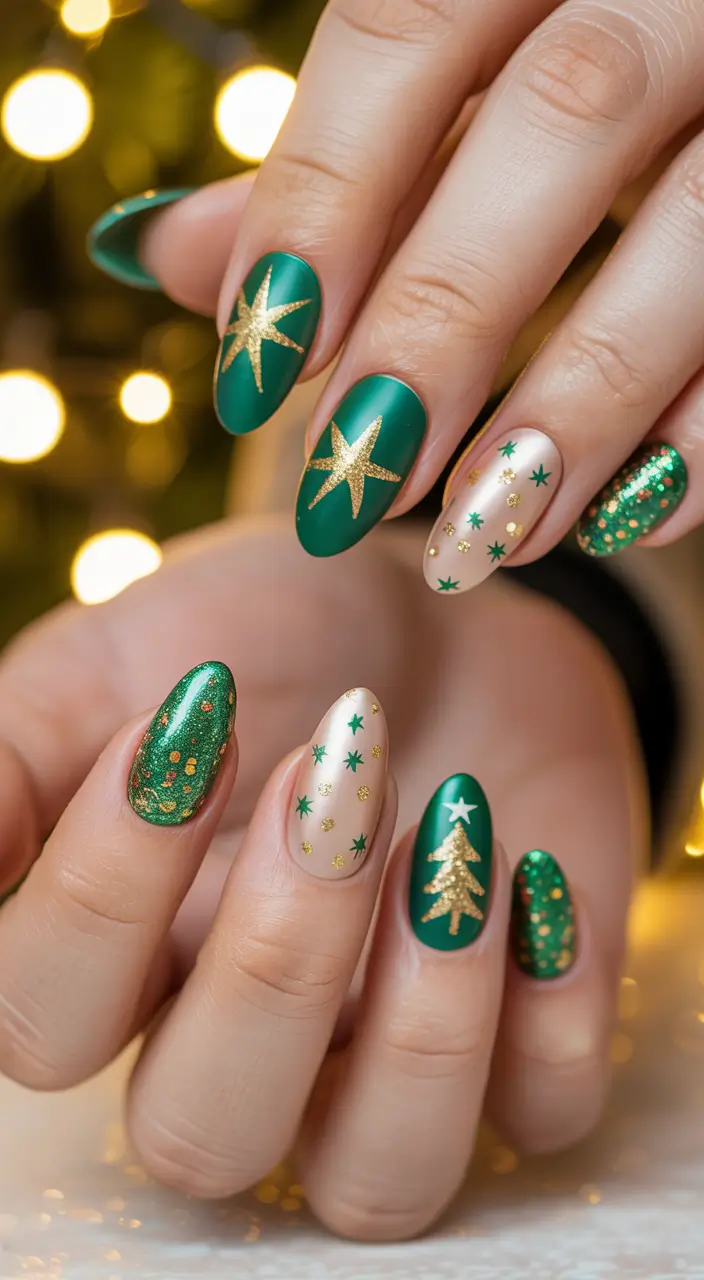 Almond Nail Trends Winter 2025–2026 Festive Emerald and Gold Magic