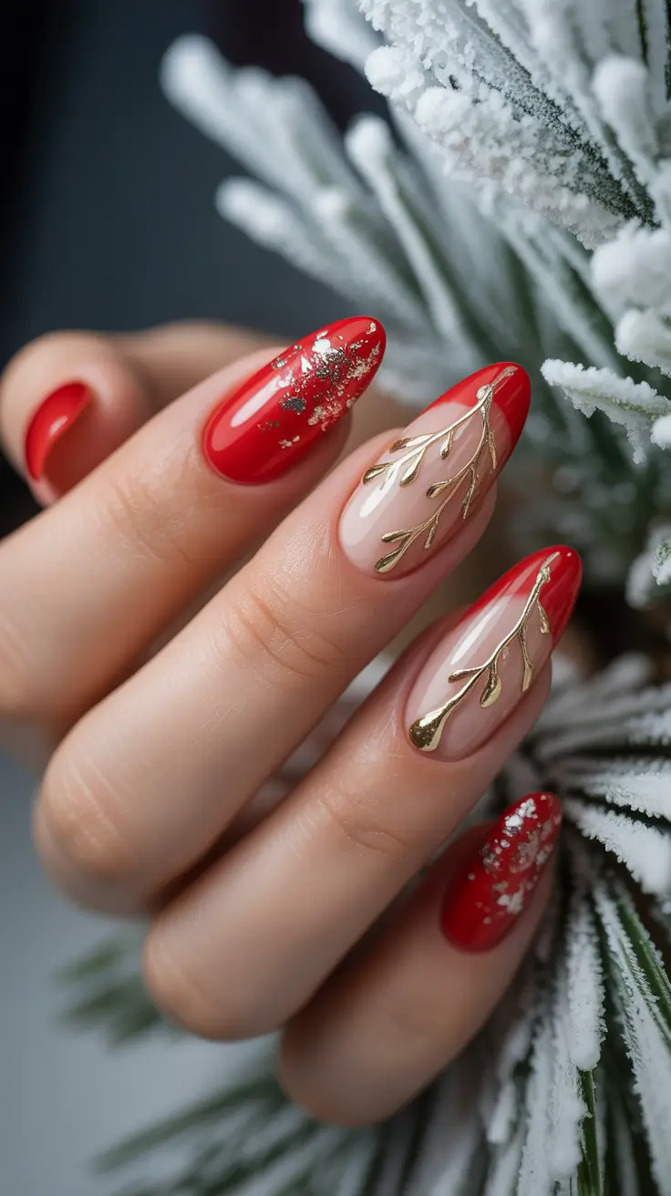 Almond Nail Trends Winter 2025–2026 Classic Red with Golden Branches